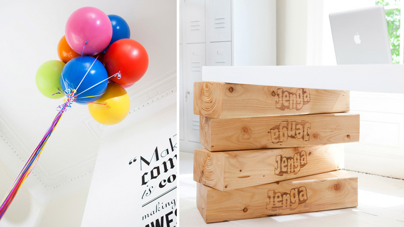 Illustration for article titled Whimsical Floating Desk Supported By Balloons and Giant Jenga Pieces